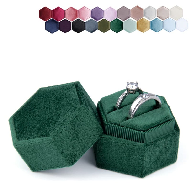 DesignSter Hexagon Velvet Ring Box - Premium Gorgeous Vintage Double Ring Display Holder with Detachable Lid Ring Bearer Box or Proposal, Engagement, Wedding, Ceremony ï¼ˆEmeraldï¼‰ - Image 1